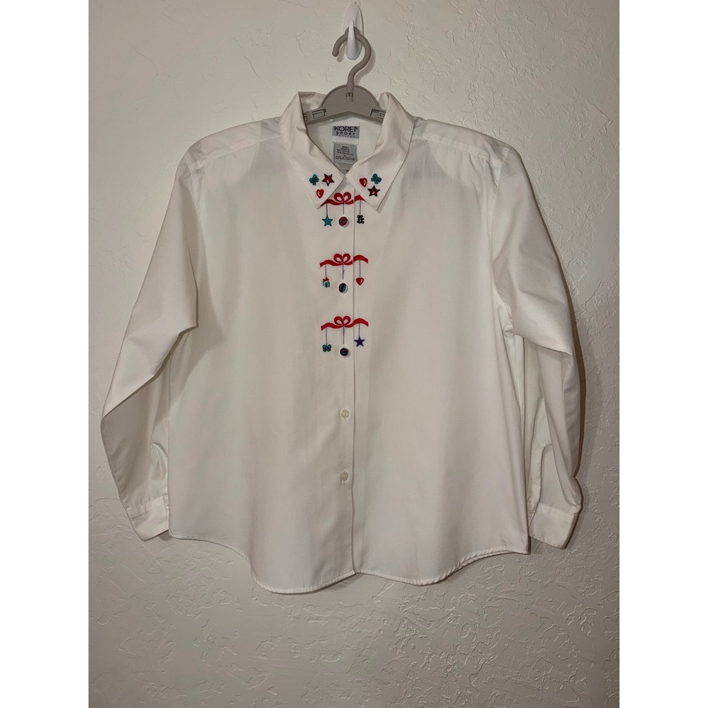 Vintage 90s Christmas Embroidered Button Down Shirt White Petite Large PL EUC